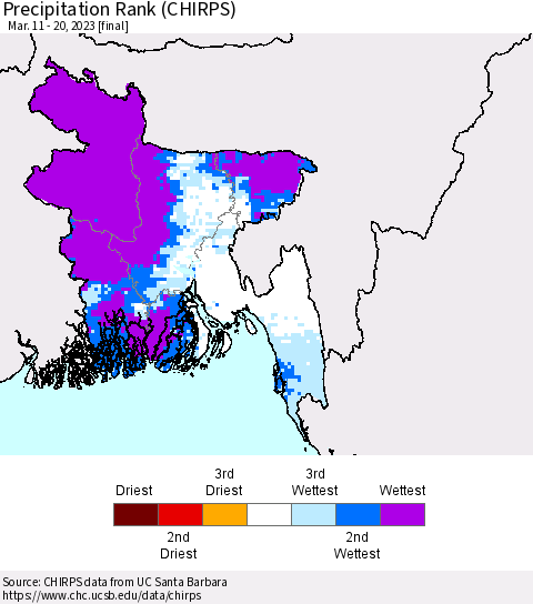 Bangladesh Precipitation Rank since 1981 (CHIRPS) Thematic Map For 3/11/2023 - 3/20/2023