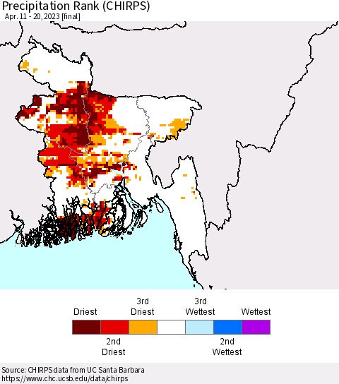 Bangladesh Precipitation Rank since 1981 (CHIRPS) Thematic Map For 4/11/2023 - 4/20/2023