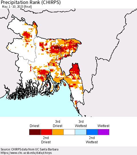Bangladesh Precipitation Rank since 1981 (CHIRPS) Thematic Map For 5/1/2023 - 5/10/2023