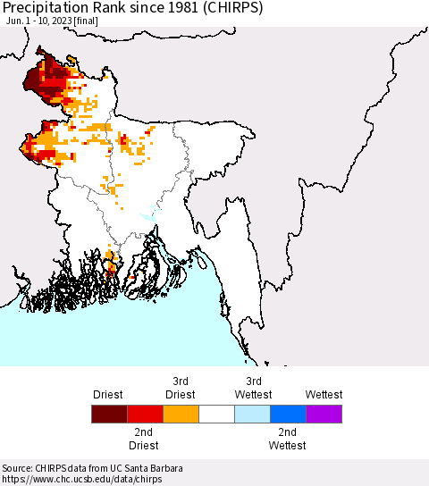 Bangladesh Precipitation Rank since 1981 (CHIRPS) Thematic Map For 6/1/2023 - 6/10/2023