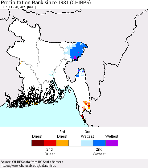 Bangladesh Precipitation Rank since 1981 (CHIRPS) Thematic Map For 6/11/2023 - 6/20/2023