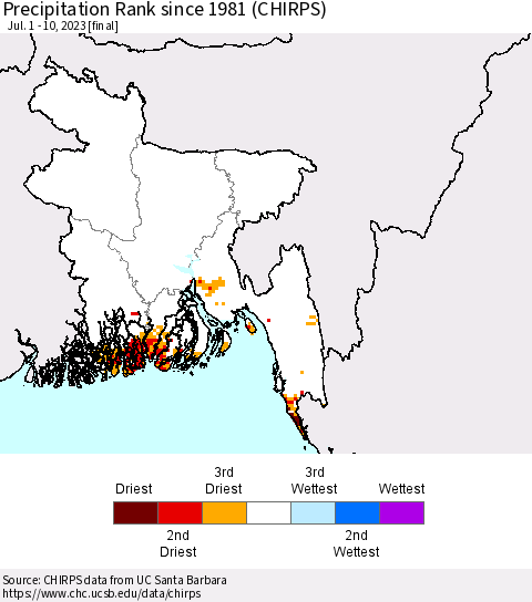 Bangladesh Precipitation Rank since 1981 (CHIRPS) Thematic Map For 7/1/2023 - 7/10/2023