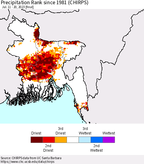 Bangladesh Precipitation Rank since 1981 (CHIRPS) Thematic Map For 7/11/2023 - 7/20/2023