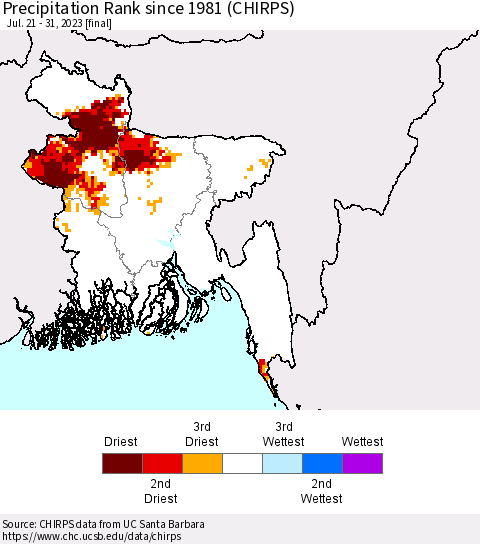 Bangladesh Precipitation Rank since 1981 (CHIRPS) Thematic Map For 7/21/2023 - 7/31/2023