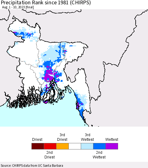 Bangladesh Precipitation Rank since 1981 (CHIRPS) Thematic Map For 8/1/2023 - 8/10/2023