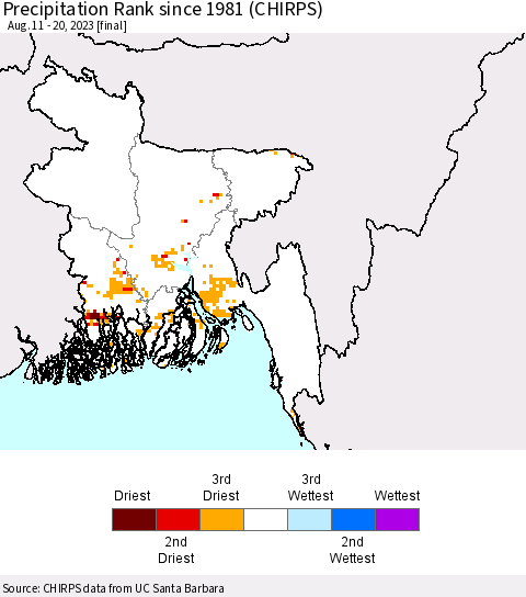 Bangladesh Precipitation Rank since 1981 (CHIRPS) Thematic Map For 8/11/2023 - 8/20/2023