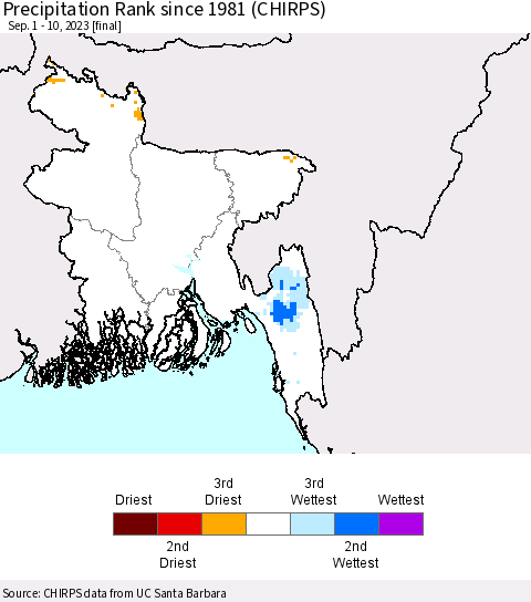 Bangladesh Precipitation Rank since 1981 (CHIRPS) Thematic Map For 9/1/2023 - 9/10/2023