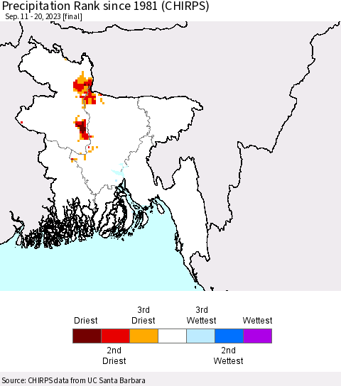 Bangladesh Precipitation Rank since 1981 (CHIRPS) Thematic Map For 9/11/2023 - 9/20/2023