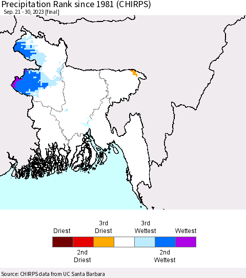 Bangladesh Precipitation Rank since 1981 (CHIRPS) Thematic Map For 9/21/2023 - 9/30/2023