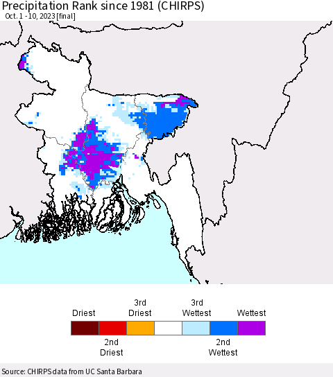 Bangladesh Precipitation Rank since 1981 (CHIRPS) Thematic Map For 10/1/2023 - 10/10/2023