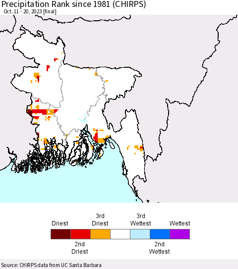 Bangladesh Precipitation Rank since 1981 (CHIRPS) Thematic Map For 10/11/2023 - 10/20/2023
