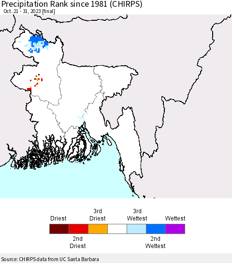 Bangladesh Precipitation Rank since 1981 (CHIRPS) Thematic Map For 10/21/2023 - 10/31/2023