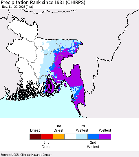 Bangladesh Precipitation Rank since 1981 (CHIRPS) Thematic Map For 11/11/2023 - 11/20/2023