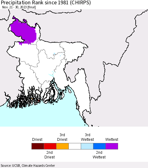 Bangladesh Precipitation Rank since 1981 (CHIRPS) Thematic Map For 11/21/2023 - 11/30/2023
