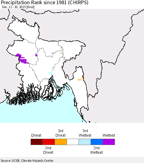 Bangladesh Precipitation Rank since 1981 (CHIRPS) Thematic Map For 12/11/2023 - 12/20/2023
