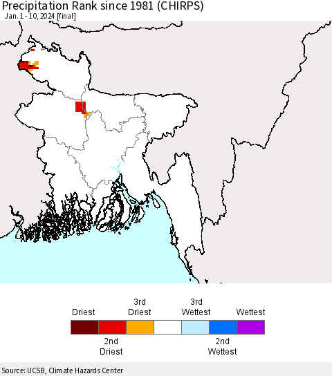 Bangladesh Precipitation Rank since 1981 (CHIRPS) Thematic Map For 1/1/2024 - 1/10/2024
