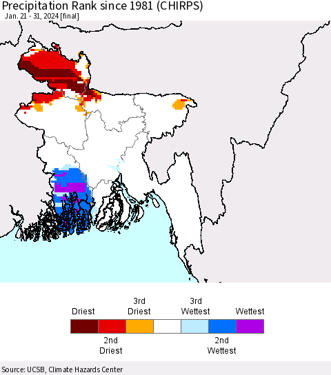 Bangladesh Precipitation Rank since 1981 (CHIRPS) Thematic Map For 1/21/2024 - 1/31/2024