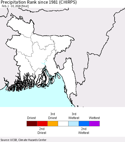 Bangladesh Precipitation Rank since 1981 (CHIRPS) Thematic Map For 2/1/2024 - 2/10/2024