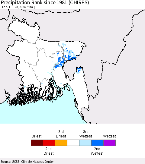 Bangladesh Precipitation Rank since 1981 (CHIRPS) Thematic Map For 2/11/2024 - 2/20/2024