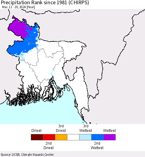 Bangladesh Precipitation Rank since 1981 (CHIRPS) Thematic Map For 3/11/2024 - 3/20/2024
