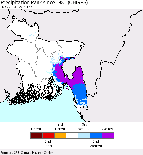 Bangladesh Precipitation Rank since 1981 (CHIRPS) Thematic Map For 3/21/2024 - 3/31/2024
