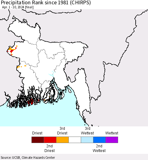 Bangladesh Precipitation Rank since 1981 (CHIRPS) Thematic Map For 4/1/2024 - 4/10/2024