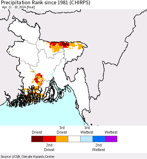 Bangladesh Precipitation Rank since 1981 (CHIRPS) Thematic Map For 4/11/2024 - 4/20/2024
