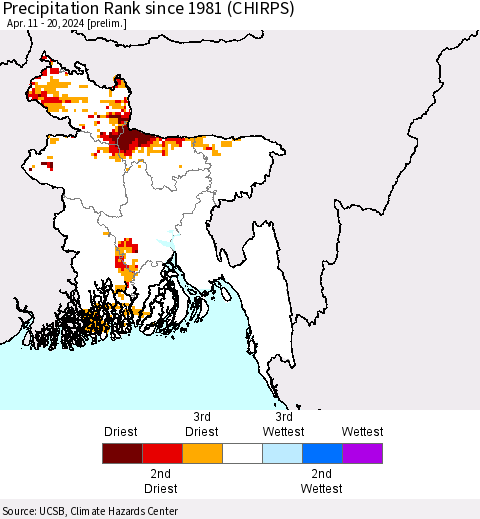 Bangladesh Precipitation Rank since 1981 (CHIRPS) Thematic Map For 4/11/2024 - 4/20/2024