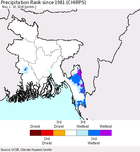 Bangladesh Precipitation Rank since 1981 (CHIRPS) Thematic Map For 5/1/2024 - 5/10/2024
