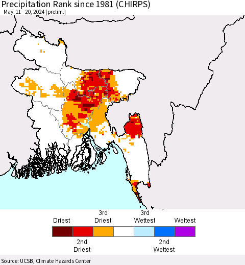 Bangladesh Precipitation Rank since 1981 (CHIRPS) Thematic Map For 5/11/2024 - 5/20/2024