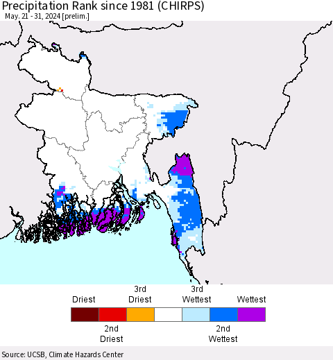 Bangladesh Precipitation Rank since 1981 (CHIRPS) Thematic Map For 5/21/2024 - 5/31/2024