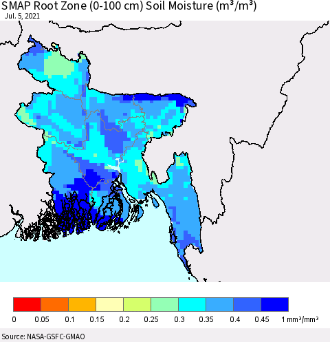 Bangladesh SMAP Root Zone (0-100 cm) Soil Moisture (m³/m³) Thematic Map For 7/1/2021 - 7/5/2021