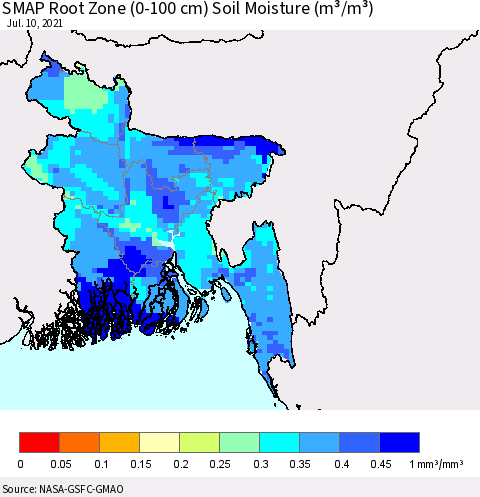 Bangladesh SMAP Root Zone (0-100 cm) Soil Moisture (m³/m³) Thematic Map For 7/6/2021 - 7/10/2021