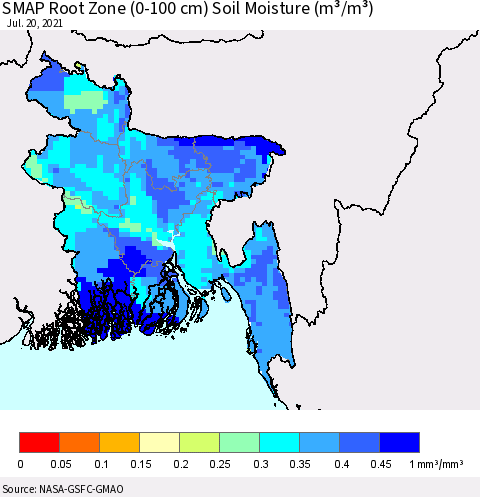 Bangladesh SMAP Root Zone (0-100 cm) Soil Moisture (m³/m³) Thematic Map For 7/16/2021 - 7/20/2021