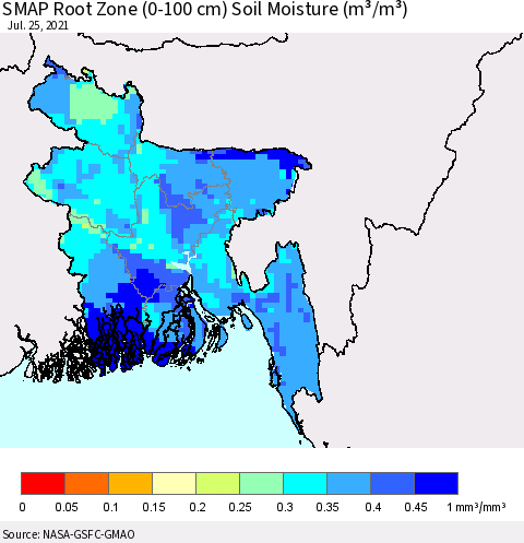 Bangladesh SMAP Root Zone (0-100 cm) Soil Moisture (m³/m³) Thematic Map For 7/21/2021 - 7/25/2021