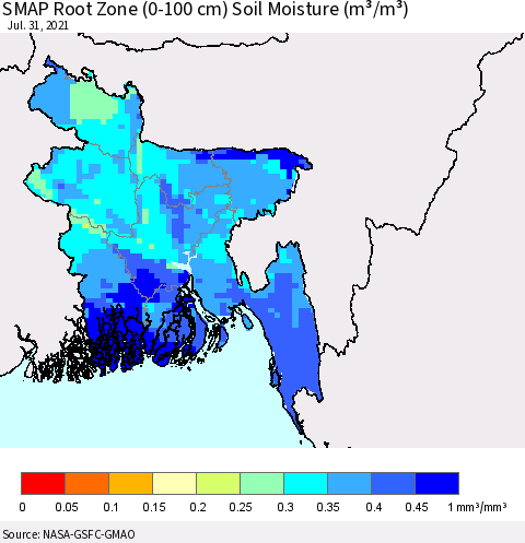 Bangladesh SMAP Root Zone (0-100 cm) Soil Moisture (m³/m³) Thematic Map For 7/26/2021 - 7/31/2021