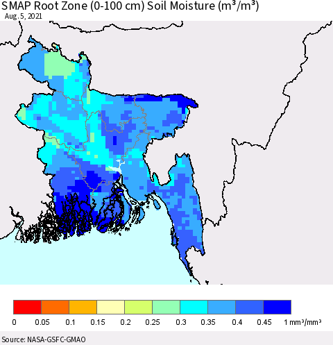 Bangladesh SMAP Root Zone (0-100 cm) Soil Moisture (m³/m³) Thematic Map For 8/1/2021 - 8/5/2021