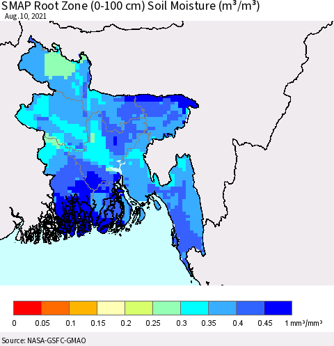 Bangladesh SMAP Root Zone (0-100 cm) Soil Moisture (m³/m³) Thematic Map For 8/6/2021 - 8/10/2021