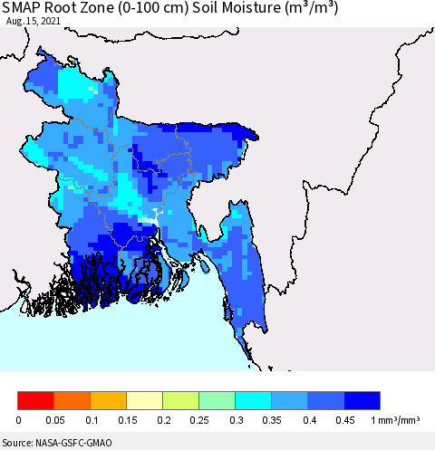 Bangladesh SMAP Root Zone (0-100 cm) Soil Moisture (m³/m³) Thematic Map For 8/11/2021 - 8/15/2021