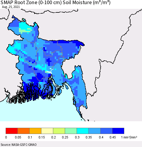 Bangladesh SMAP Root Zone (0-100 cm) Soil Moisture (m³/m³) Thematic Map For 8/21/2021 - 8/25/2021