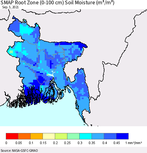 Bangladesh SMAP Root Zone (0-100 cm) Soil Moisture (m³/m³) Thematic Map For 9/1/2021 - 9/5/2021