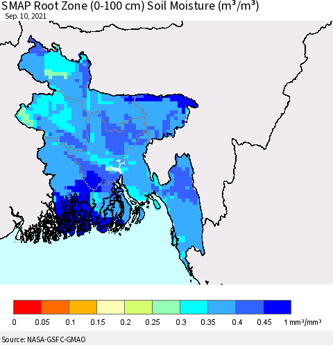 Bangladesh SMAP Root Zone (0-100 cm) Soil Moisture (m³/m³) Thematic Map For 9/6/2021 - 9/10/2021