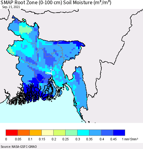 Bangladesh SMAP Root Zone (0-100 cm) Soil Moisture (m³/m³) Thematic Map For 9/11/2021 - 9/15/2021