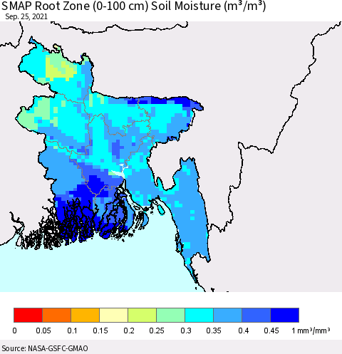 Bangladesh SMAP Root Zone (0-100 cm) Soil Moisture (m³/m³) Thematic Map For 9/21/2021 - 9/25/2021