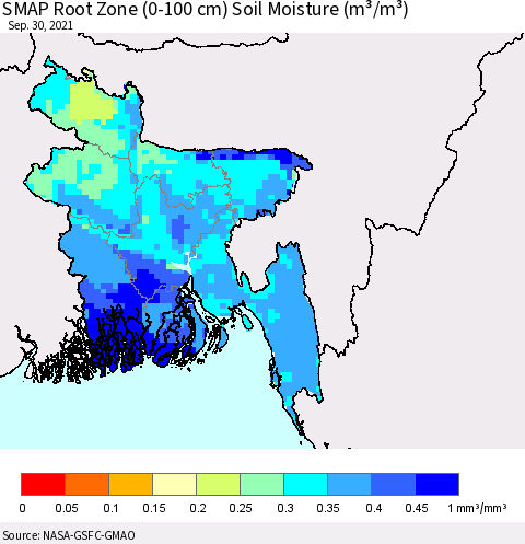 Bangladesh SMAP Root Zone (0-100 cm) Soil Moisture (m³/m³) Thematic Map For 9/26/2021 - 9/30/2021