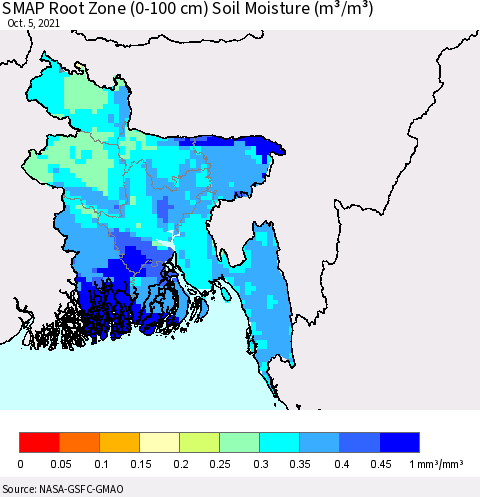 Bangladesh SMAP Root Zone (0-100 cm) Soil Moisture (m³/m³) Thematic Map For 10/1/2021 - 10/5/2021