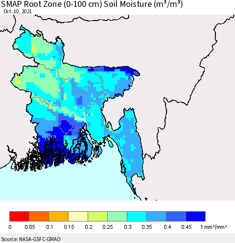 Bangladesh SMAP Root Zone (0-100 cm) Soil Moisture (m³/m³) Thematic Map For 10/6/2021 - 10/10/2021