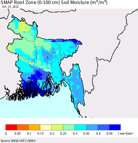 Bangladesh SMAP Root Zone (0-100 cm) Soil Moisture (m³/m³) Thematic Map For 10/11/2021 - 10/15/2021