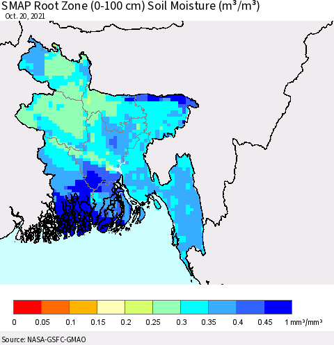 Bangladesh SMAP Root Zone (0-100 cm) Soil Moisture (m³/m³) Thematic Map For 10/16/2021 - 10/20/2021