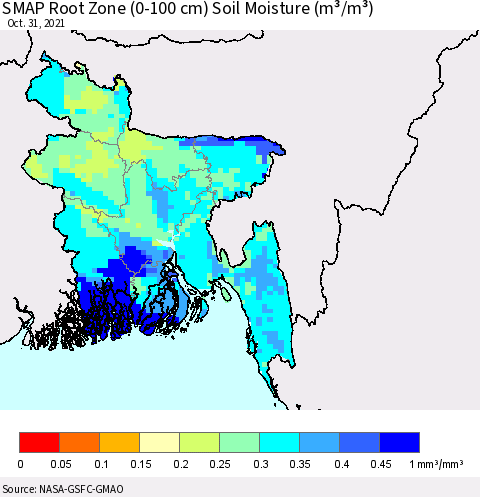 Bangladesh SMAP Root Zone (0-100 cm) Soil Moisture (m³/m³) Thematic Map For 10/26/2021 - 10/31/2021